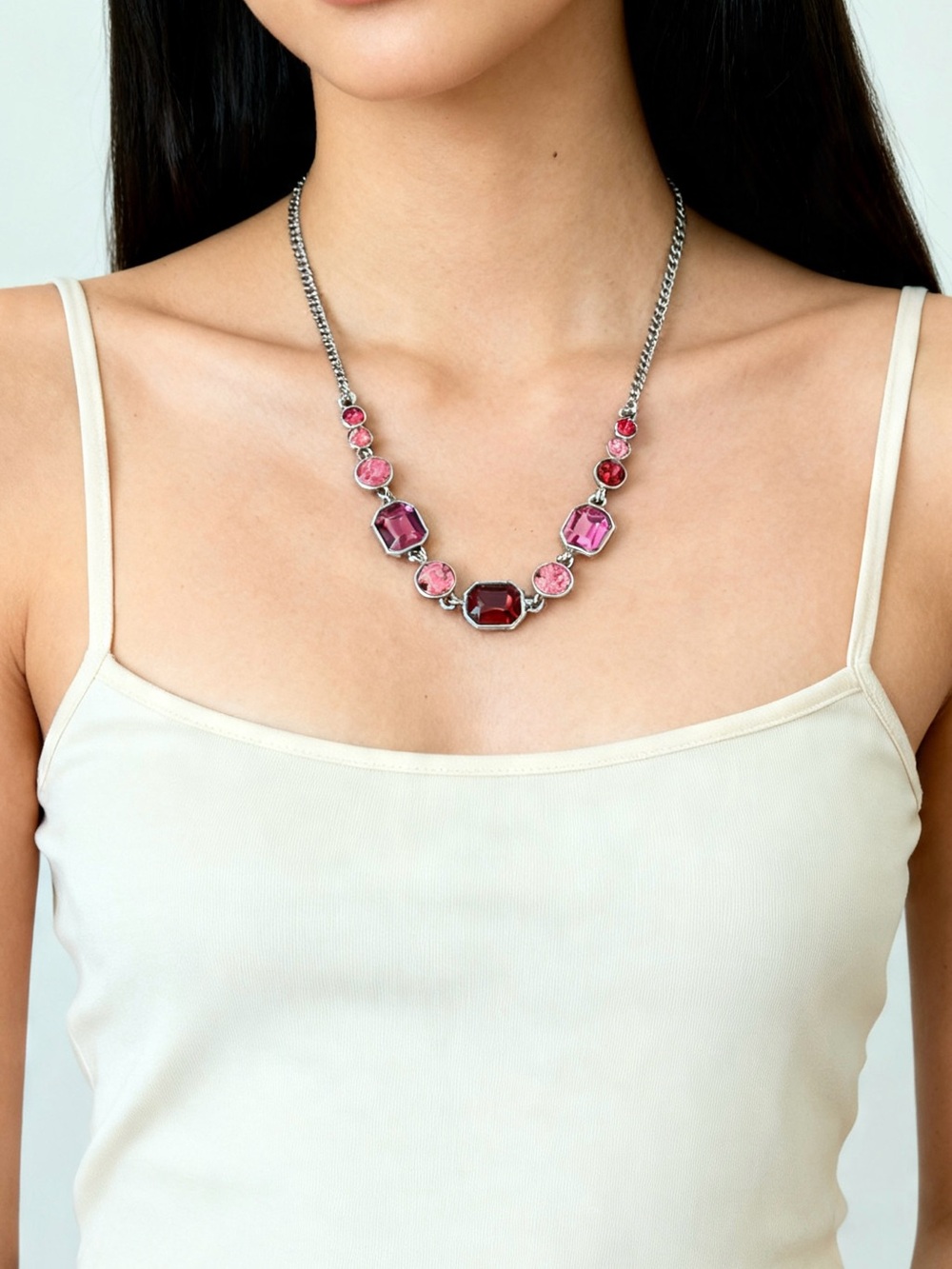 Vintage Givenchy Gunmetal Red & Pink Crystal Statement Necklace - Picture 5 of 10
